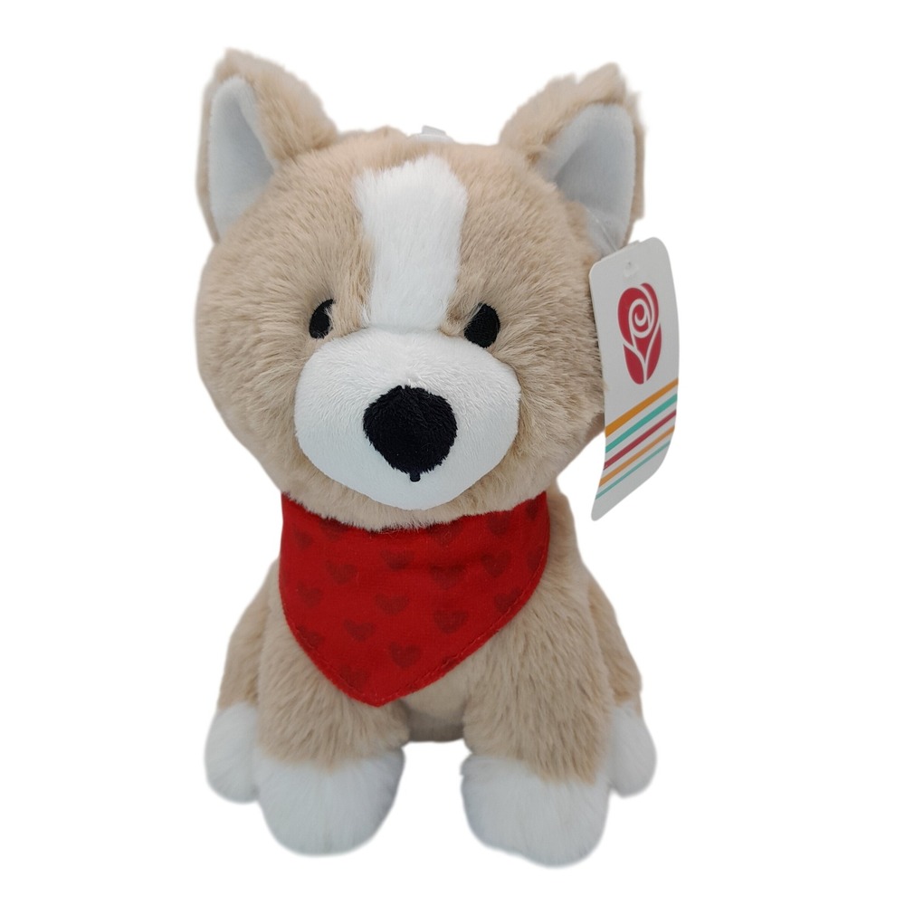American Greetings Plush Dog Tan White Stuffed Animal Red Heart Bandana 8 inch
